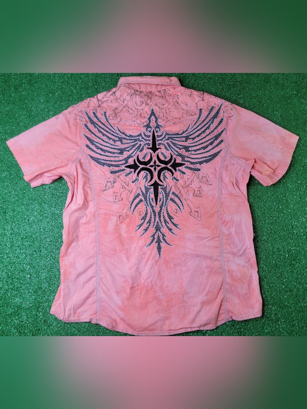 Roar Short Sleeve Embroidered Acid Wash Light Orange Black Men's Shirt 3XL Y2K